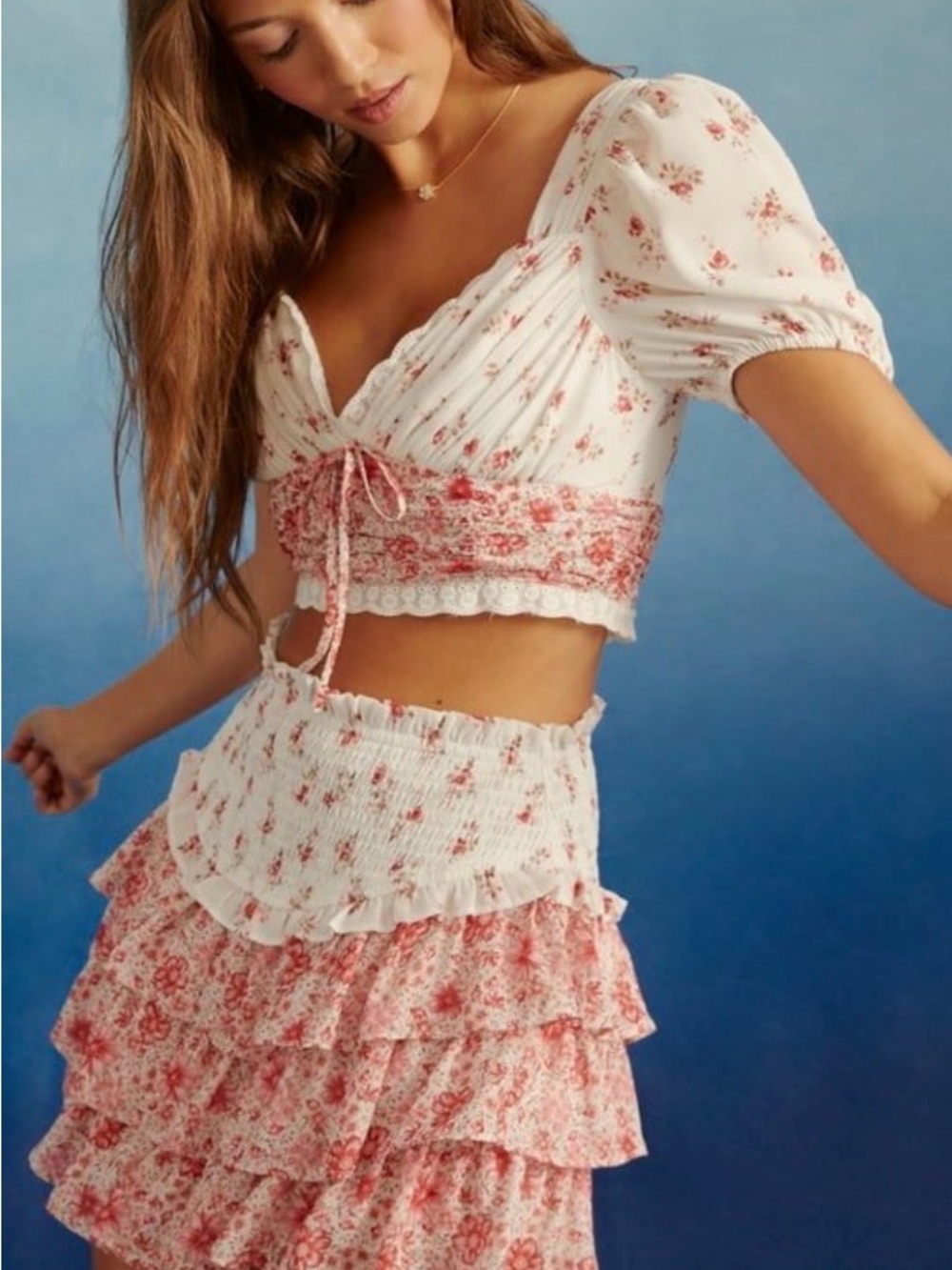 Altar'd State White and Pink Floral Puff Sleeve Crop Top